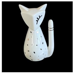 Cat Ring Holder Jewelry Organizer Ceramic Figurine White Metallic Speckle Fleck